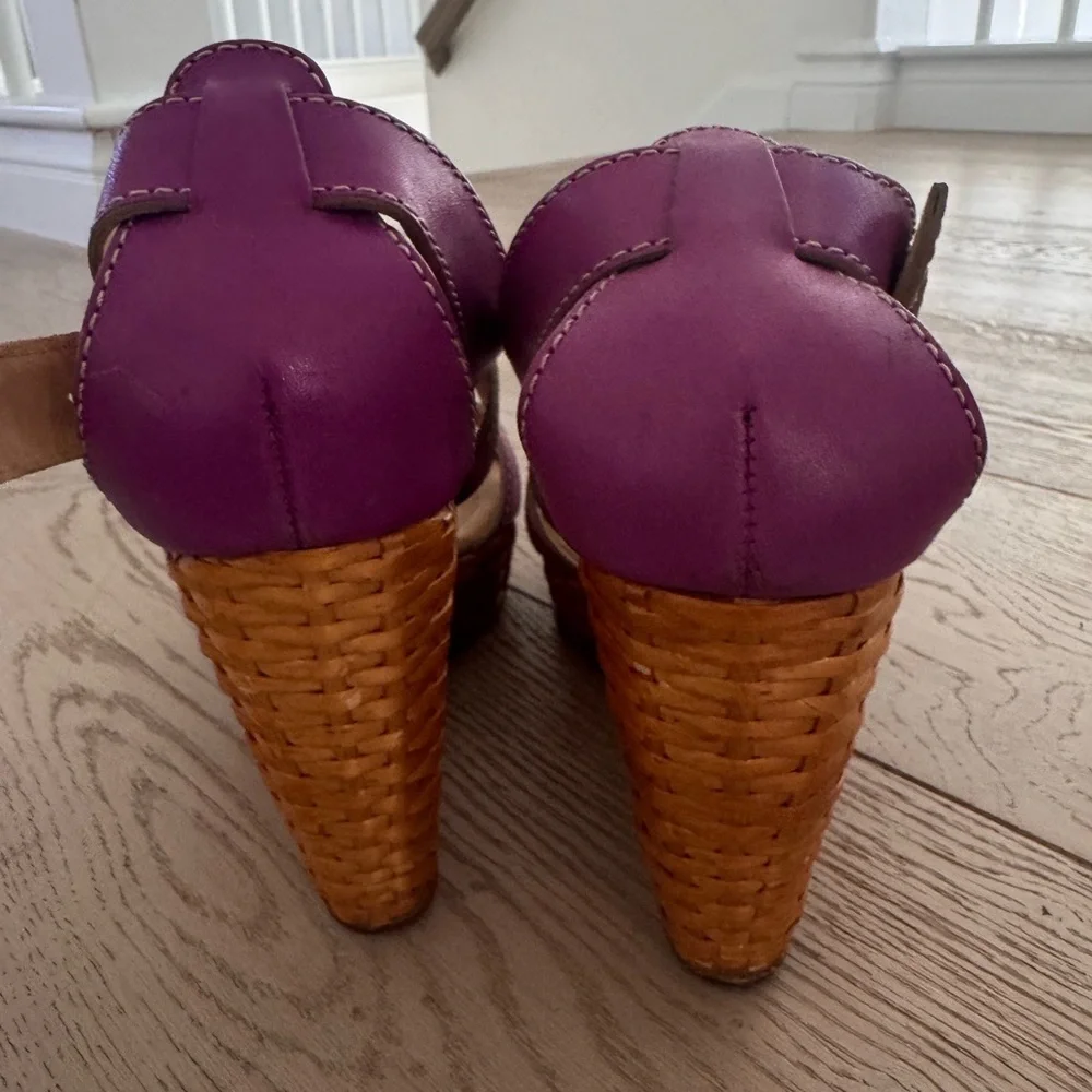 Dolce & Gabbana Purple Leather Ankle Strap Raffia Wedge Sandals Size 37